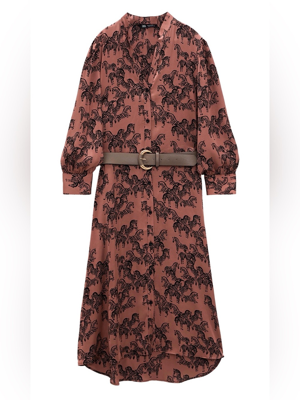 Zara Rust-Brown Zebra Print Maxi Shirt Dress with Brown Belt